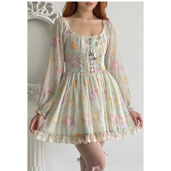 LIZ LISA floral corset front chiffon mini dress - Picture 1 of 8
